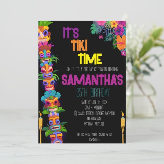 Uitnodiging voor Tiki Time Birthday Party (Staand voorkant)