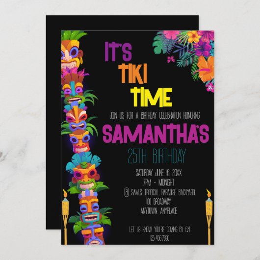 Uitnodiging voor Tiki Time Birthday Party (Voorkant / Achterkant)