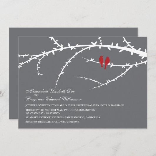 Uitnodiging voor Tortelduifjes bruiloft (rood) (Voorkant / Achterkant)