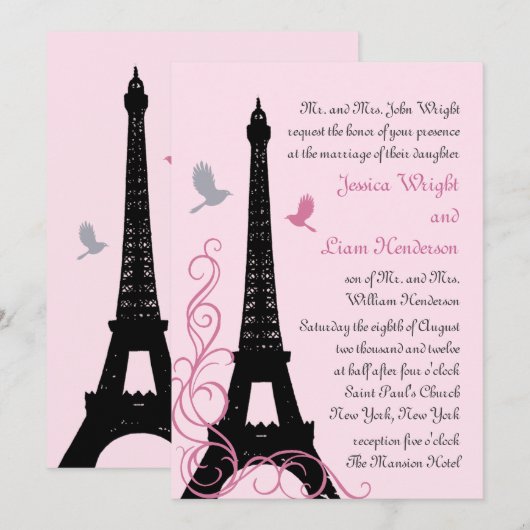 Uitnodiging voor Tortelduifjes bruiloft (roze) (Voorkant / Achterkant)