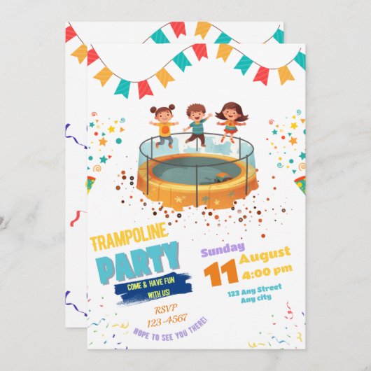 Uitnodiging voor trampolinefeest, spring- en stuit (Voorkant / Achterkant)