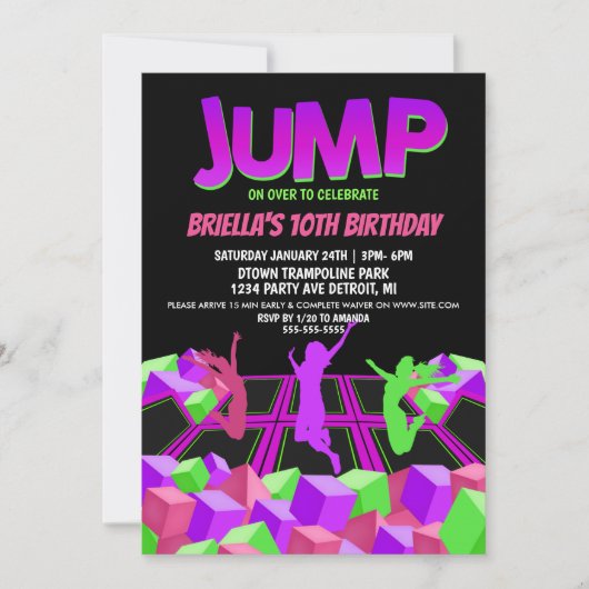 Uitnodiging voor trampolinefeest voor meisjes (Voorkant)