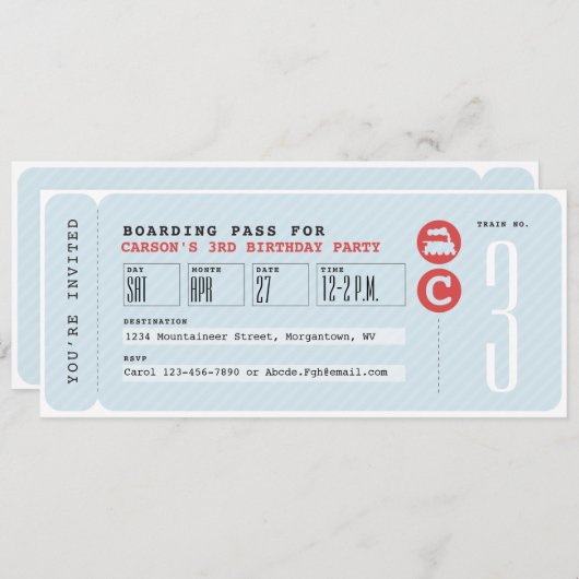 Uitnodiging voor treinkaartjes verjaardagsfeest (Voorkant / Achterkant)