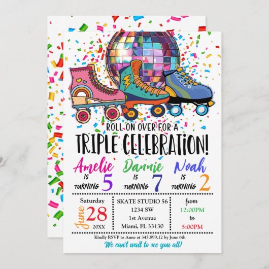 Uitnodiging voor Triple Celebration Roller Skating (Voorkant / Achterkant)