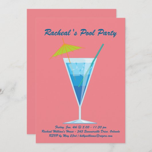 Uitnodiging voor Tropical Coral Pool Party (Voorkant / Achterkant)