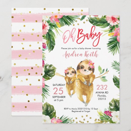 Uitnodiging voor Tropical Girl Sloth Baby shower (Voorkant / Achterkant)