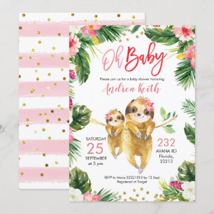 Uitnodiging voor Tropical Girl Sloth Baby shower
