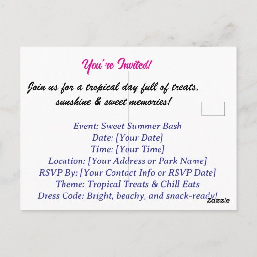 Uitnodiging voor Tropical Treats Party – Sweet Sum (Achterkant)
