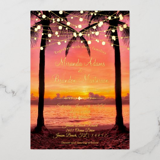 Uitnodiging voor Tropisch Beach Summer Sunset Wedd (Voorkant)