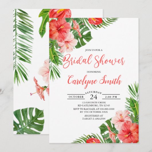 Uitnodiging voor Tropische Bridal Shower (Voorkant / Achterkant)