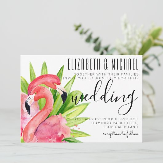 Uitnodiging voor Tropische Flamingos Wedding Moder (Staand voorkant)