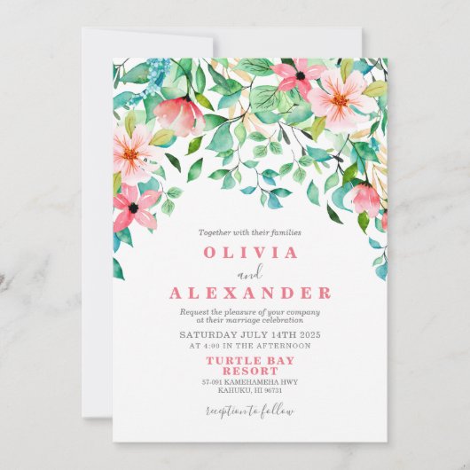 Uitnodiging voor Tropische florale strandstrandbru (Voorkant)