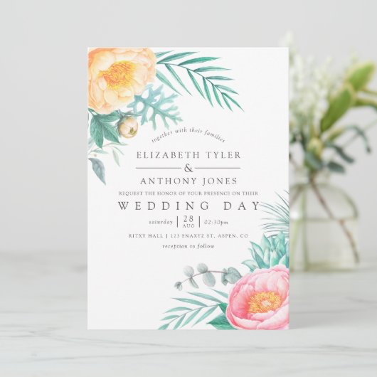 Uitnodiging voor Tropische Munt Floral Summer Wedd (Staand voorkant)