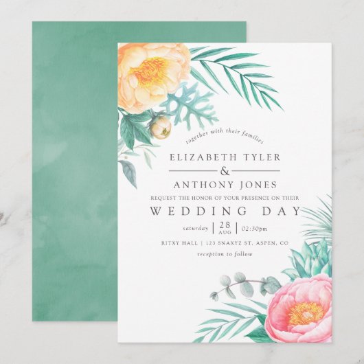 Uitnodiging voor Tropische Munt Floral Summer Wedd (Voorkant / Achterkant)
