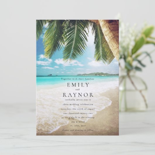 Uitnodiging voor tropische strandbruiloft (Staand voorkant)