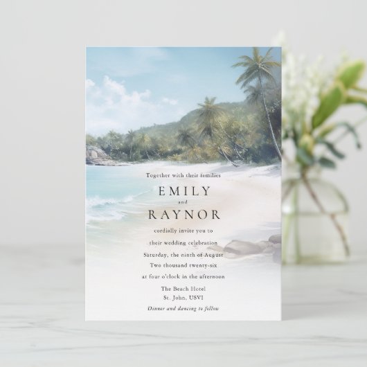 Uitnodiging voor tropische strandbruiloft (Staand voorkant)