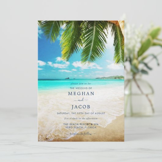 Uitnodiging voor tropische strandbruiloft (Staand voorkant)