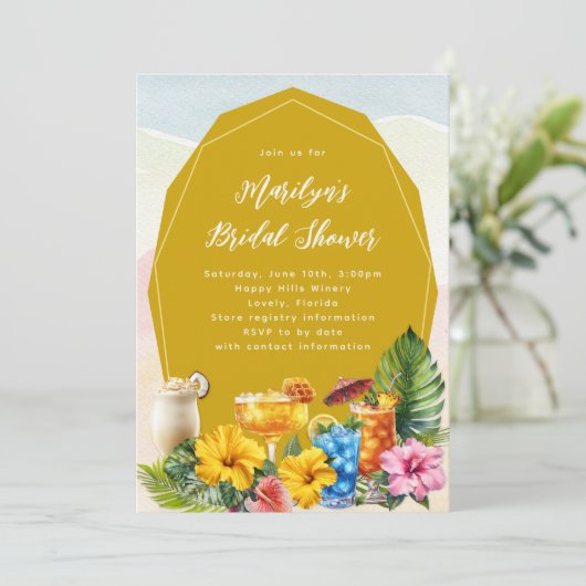 Uitnodiging voor tropische Vrijgezellenfeest cockt (Staand voorkant)