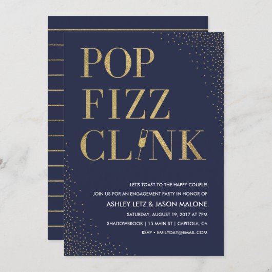 Uitnodiging voor trouw- en verlovingsfeest Pop Fiz (Voorkant / Achterkant)