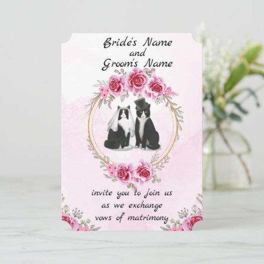 Uitnodiging voor trouwdag Tuxedo-kat en kitten (Staand voorkant)