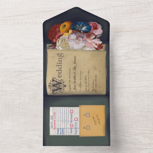 Uitnodiging voor trouwfeest in oude bibliotheekboe (Binnen)