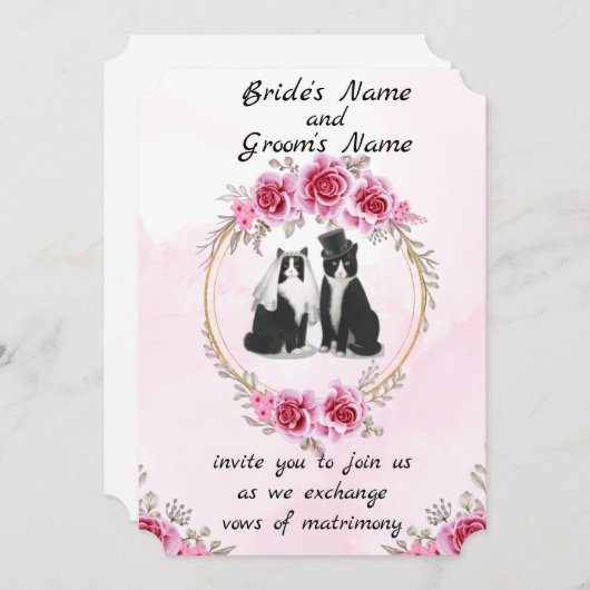 Uitnodiging voor trouwfeest met Tuxedo-kat en kitt (Voorkant / Achterkant)