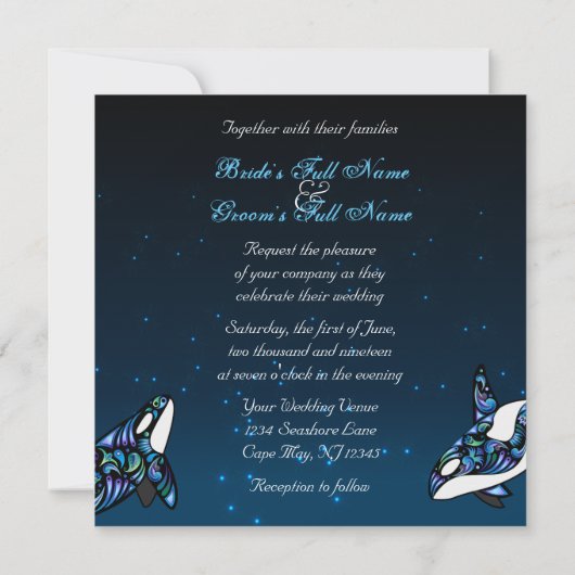 Uitnodiging voor trouwfeest van prachtige orka's (Achterkant)