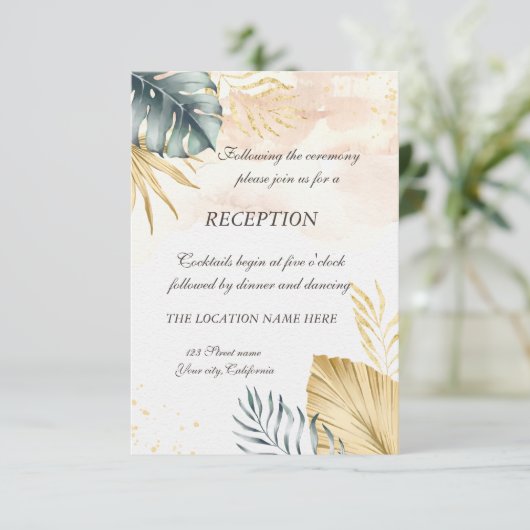 Uitnodiging voor trouwreceptie met palmbladeren op (Staand voorkant)