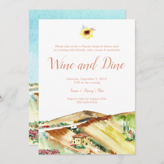 Uitnodiging voor Tuscany Wine and Dine dinerfeest (Voorkant / Achterkant)