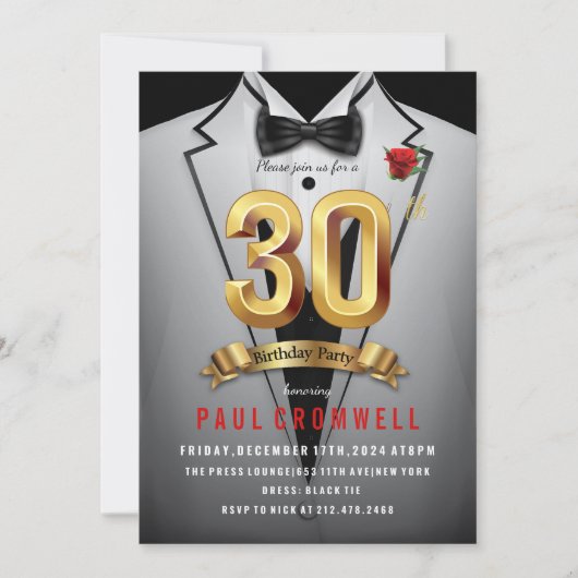 Uitnodiging voor tuxedo verjaardagsfeest 30 jaar (Voorkant)