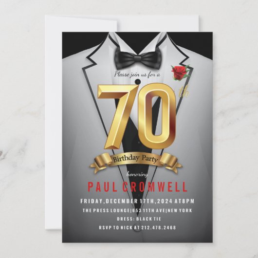Uitnodiging voor tuxedo verjaardagsfeest 70 jaar (Voorkant)