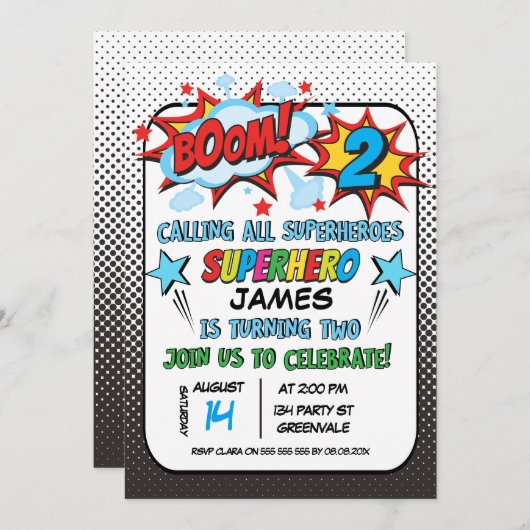 Uitnodiging voor tweede verjaardag van superheld (Voorkant / Achterkant)