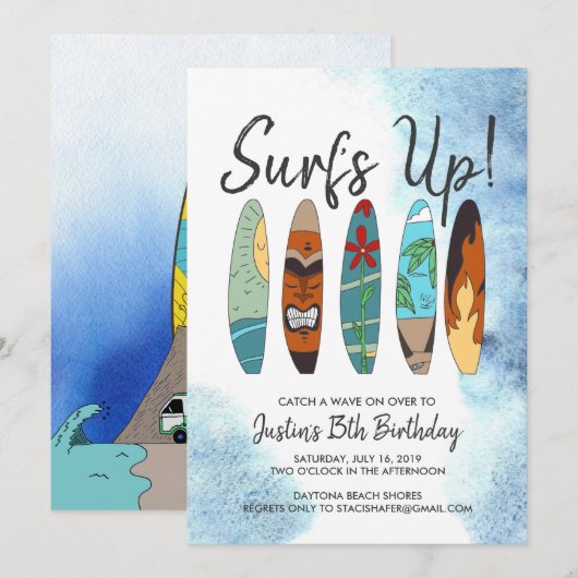 Uitnodiging voor tween surfparty (Voorkant / Achterkant)