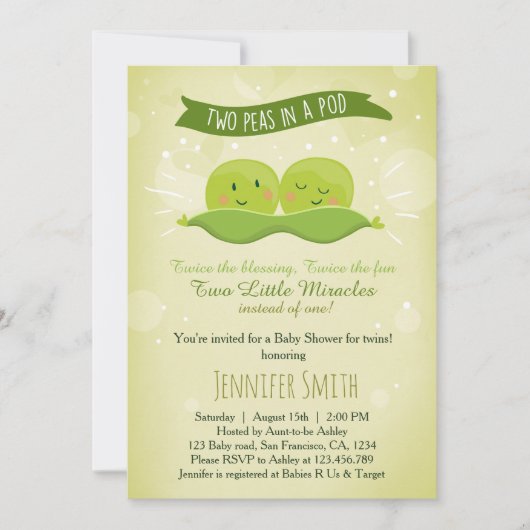 Uitnodiging voor twin baby shower 'Two Peas In A P (Voorkant)