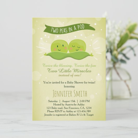 Uitnodiging voor twin baby shower 'Two Peas In A P (Staand voorkant)