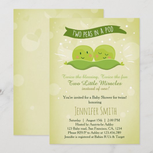 Uitnodiging voor twin baby shower 'Two Peas In A P (Voorkant / Achterkant)