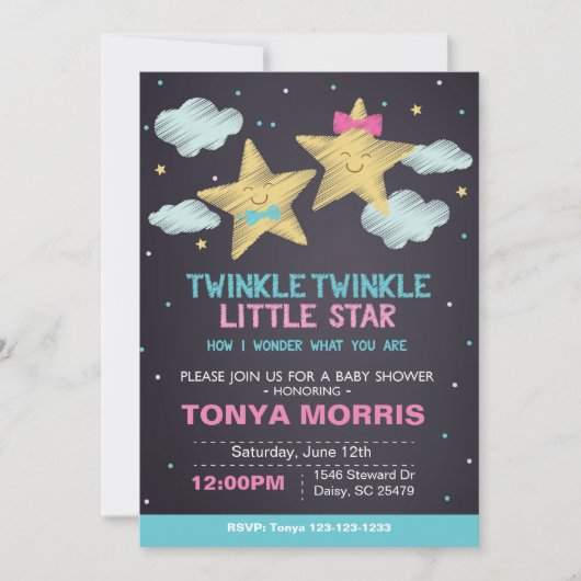 Uitnodiging voor Twin Chalkboard Little Star Baby (Voorkant)