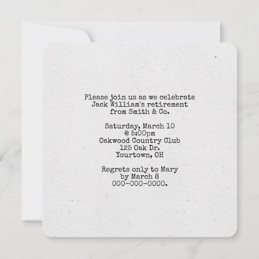 Uitnodiging voor  typemachine Retirement Party (Achterkant)