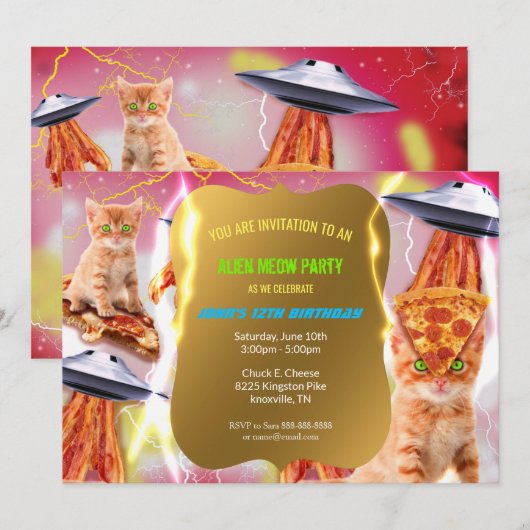 Uitnodiging voor UFO Cat Birthday Party (Voorkant / Achterkant)