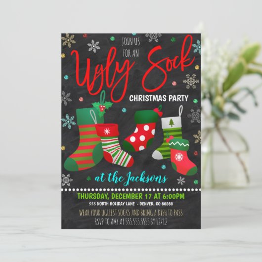 Uitnodiging voor Ugly Sock Kerstparty (Staand voorkant)