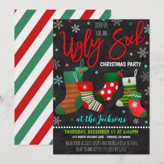 Uitnodiging voor Ugly Sock Kerstparty (Voorkant / Achterkant)