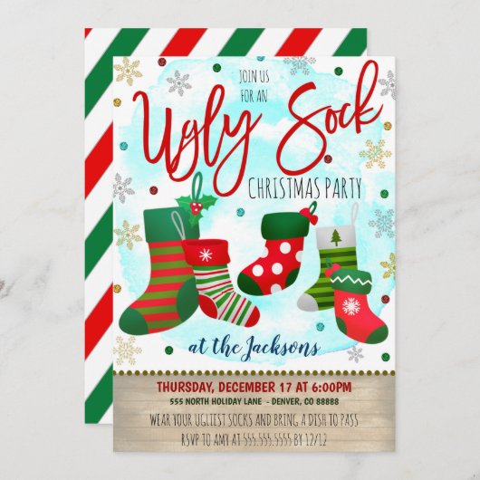 Uitnodiging voor Ugly Sock Kerstparty (Voorkant / Achterkant)
