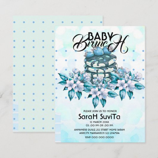 Uitnodiging voor Uitgebreide Blauwebes Baby Brunch (Voorkant / Achterkant)