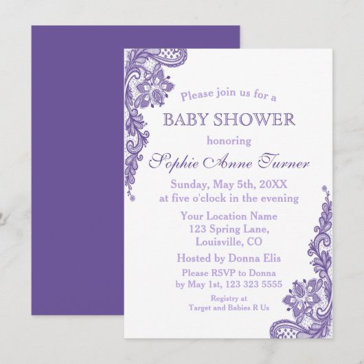 Uitnodiging voor Ultra Violet Lace Baby shower (Voorkant / Achterkant)