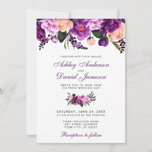 Uitnodiging voor ultraviolet Paars Floral Wedding 