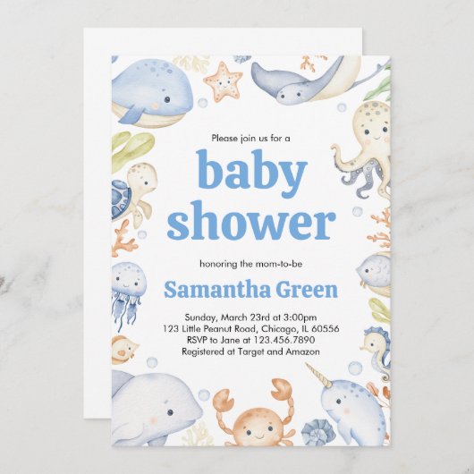 Uitnodiging voor Under the Sea Baby Shower (Voorkant / Achterkant)