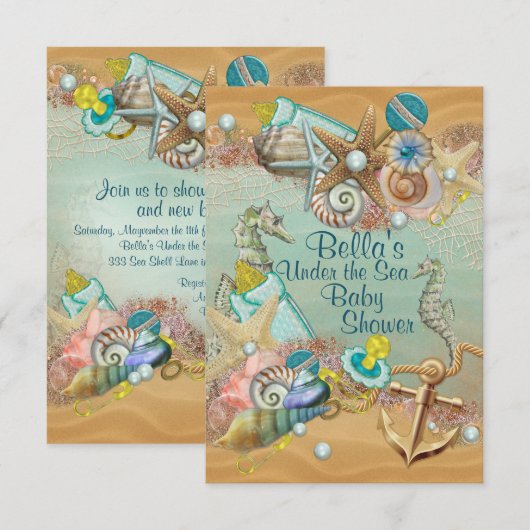 Uitnodiging voor Under the Sea Baby Shower (Voorkant / Achterkant)