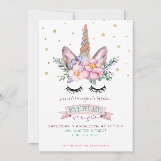 Uitnodiging voor Unicorn Party | eenhoorncake (Voorkant)