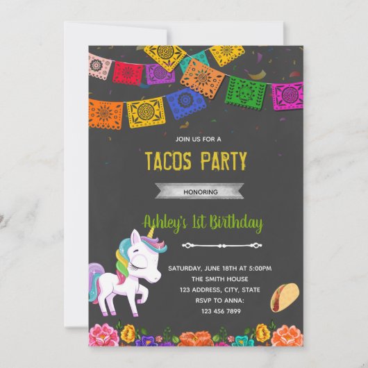 Uitnodiging voor unicorn taco-feestje (Voorkant)