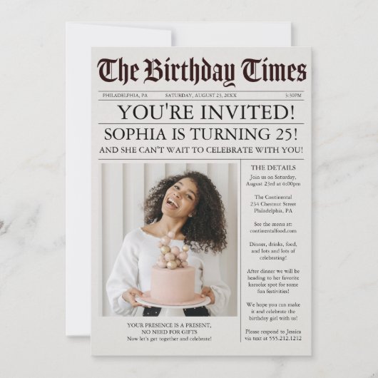Uitnodiging voor unieke Newspaper Birthday Party (Voorkant)